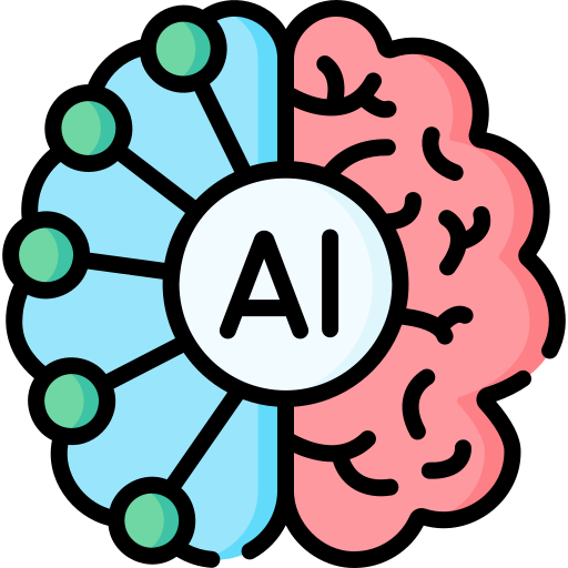 Brain icon split into blue neural network left and pink brain right, with 'AI' at the center.