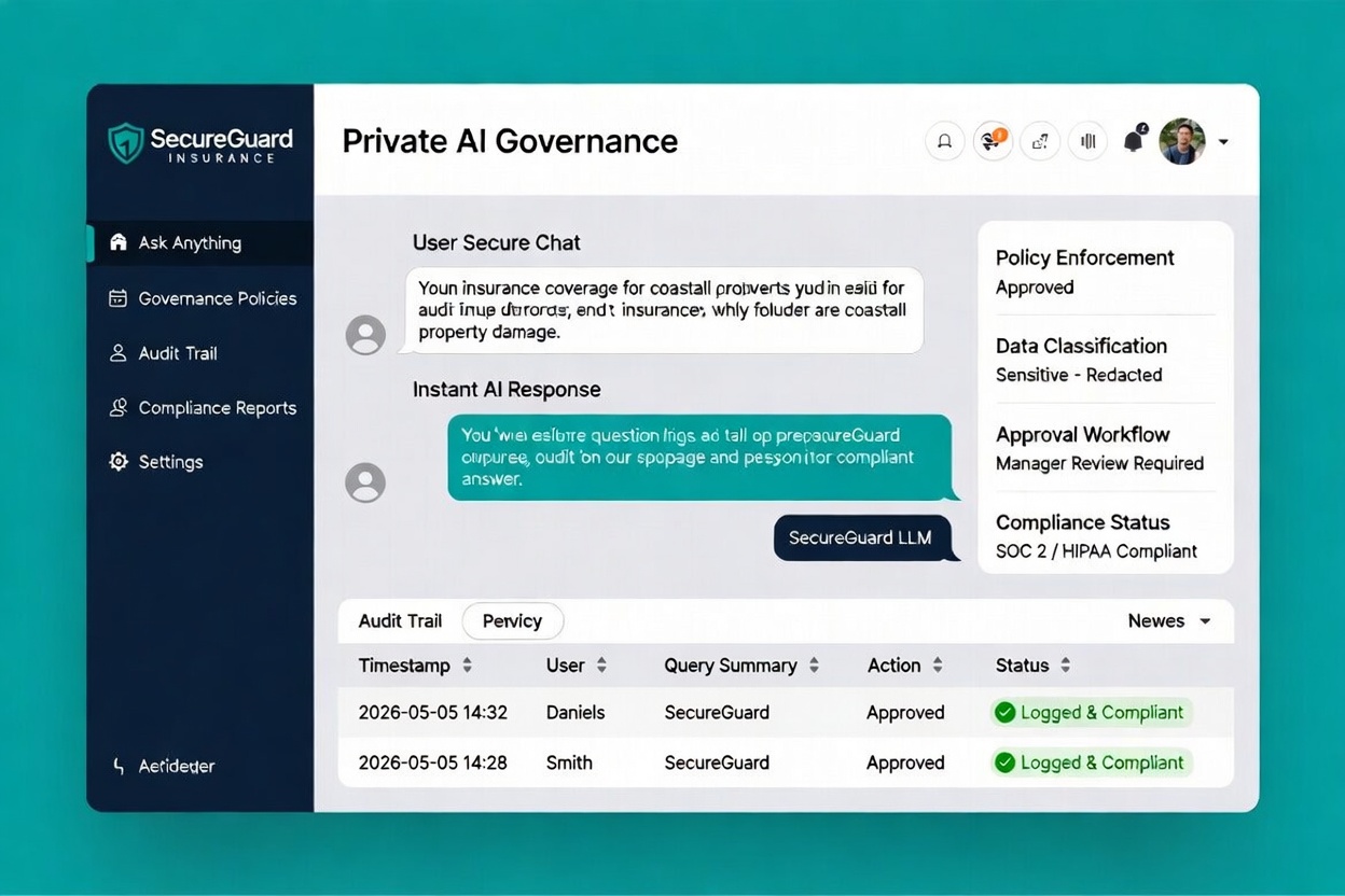 Dashboard UI titled 'Private AI Governance' with left navigation, chat area, policy panel on the right, and an audit trail table.